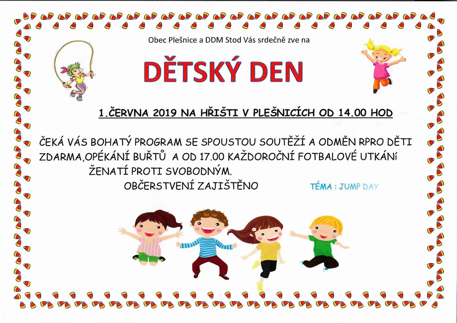 Pozvánka na dětský den v Plešnicích 1.6.2019