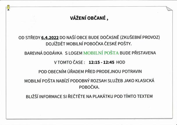 Mobilní pošta v obci Plešnice každou středu od 6.4.2022